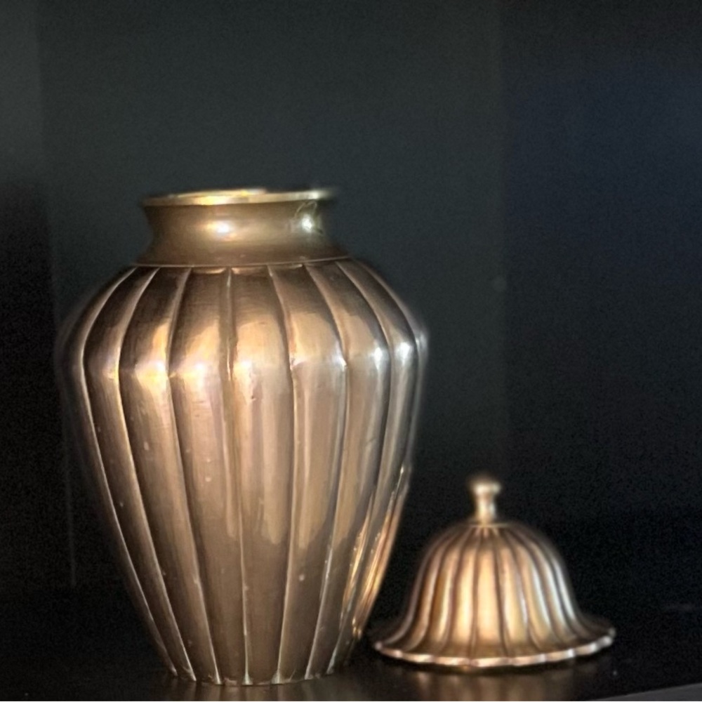 Brass Vase Container with Lid  7” tall